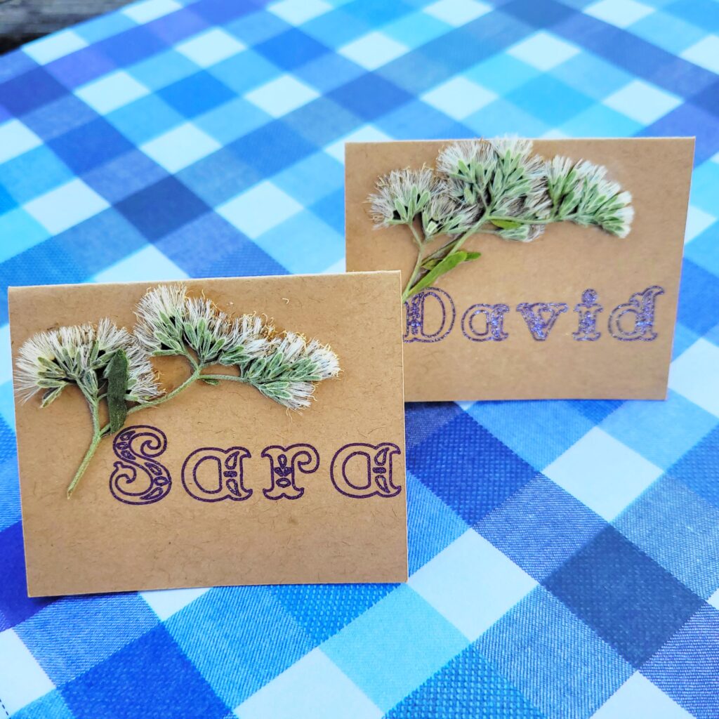 Botanical Name Tags: Handmade name tags featuring pressed sprigs of boneset (Eupatorium perfoliatum) lend a personalized, rustic touch to event seating. The natural textures and botanical elements celebrate native plants while creating a unique keepsake for guests to remember the event.